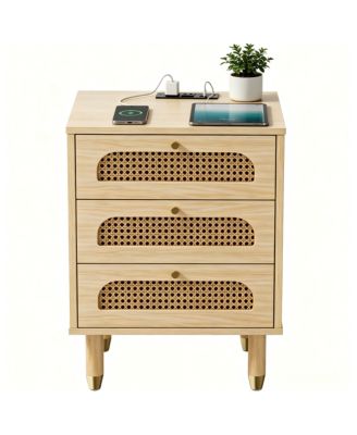 3-Drawer Nightstand with Rattan-Style Finish and Power Outlet
