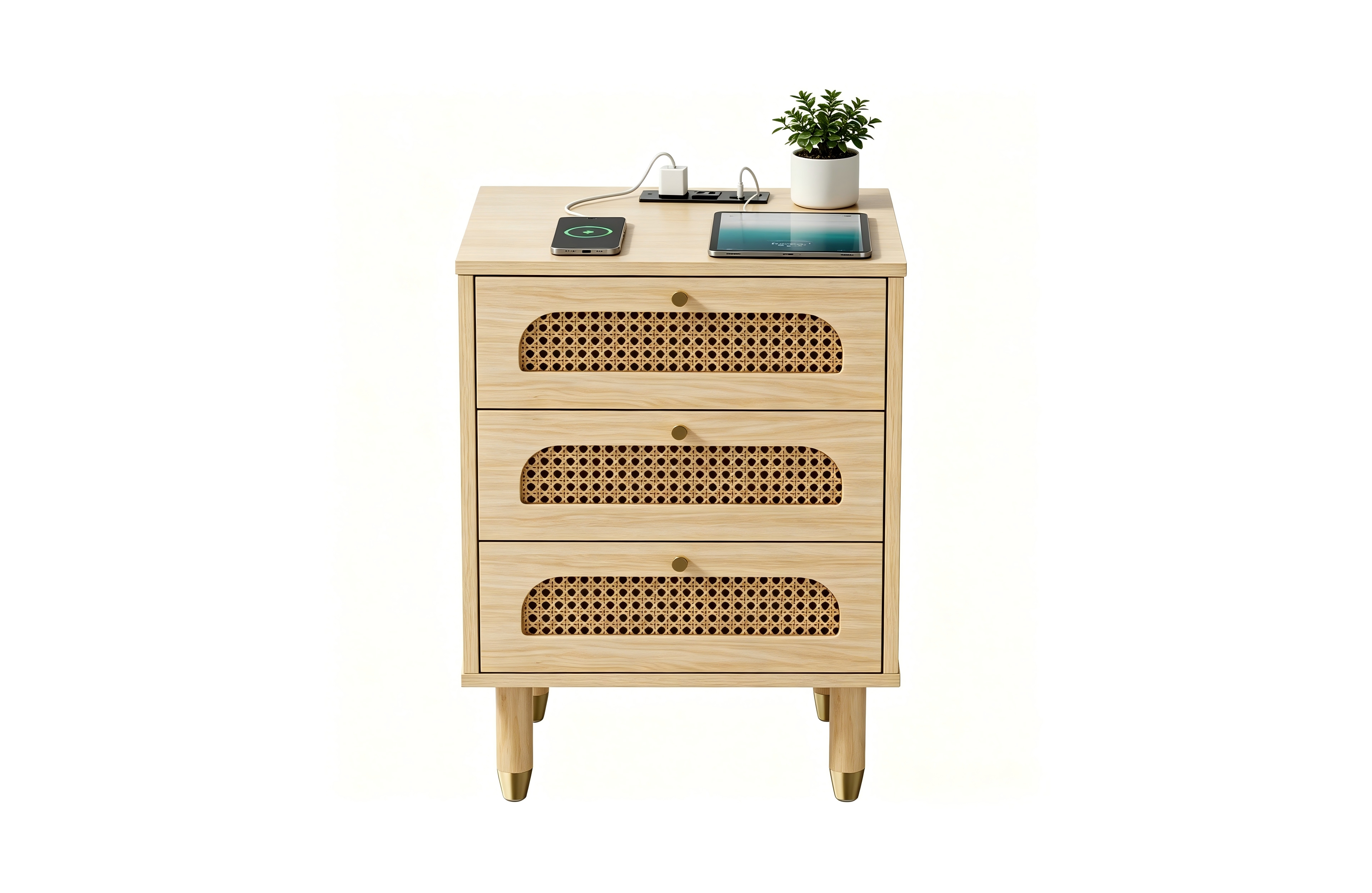 Slickblue 3-Drawer Nightstand with Rattan-Style Finish and Power Outlet
