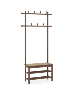 Bamboo Hall Tree with Woven Rattan Bench 11 Hooks and 2 Shoe Shelves
