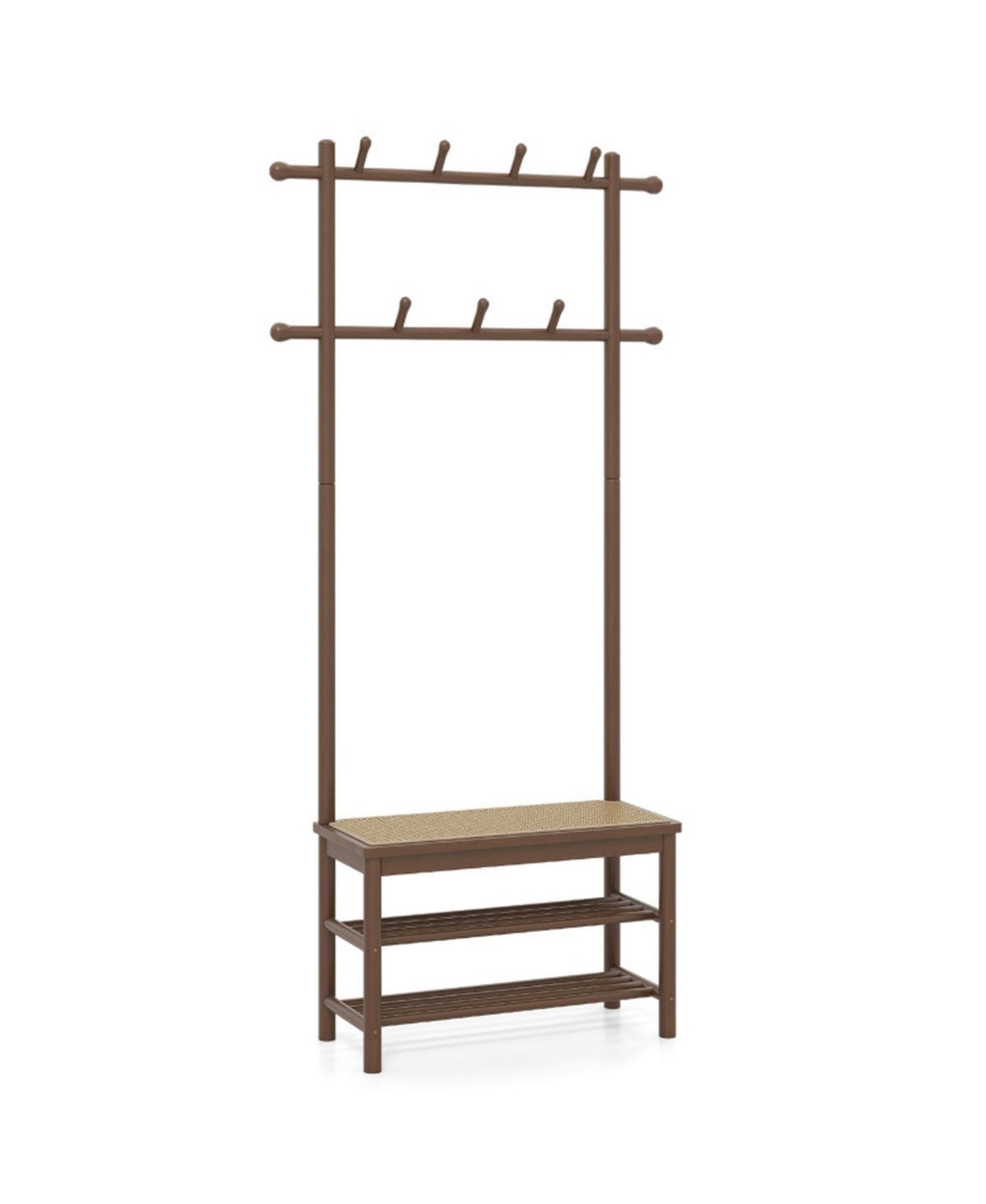 Gouun Bamboo Hall Tree with Woven Rattan Bench 11 Hooks and 2 Shoe Shelves