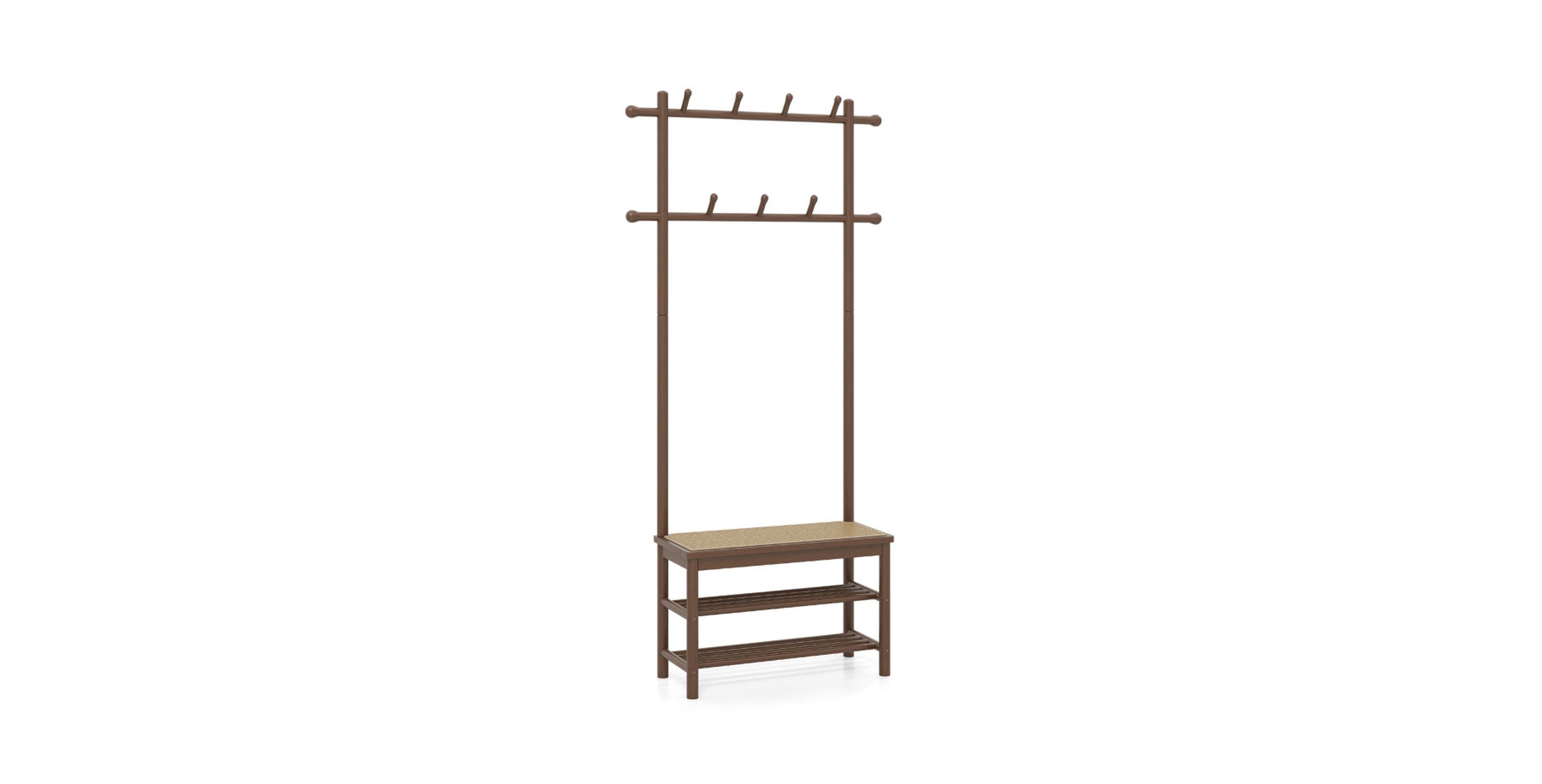 Gouun Bamboo Hall Tree with Woven Rattan Bench 11 Hooks and 2 Shoe Shelves