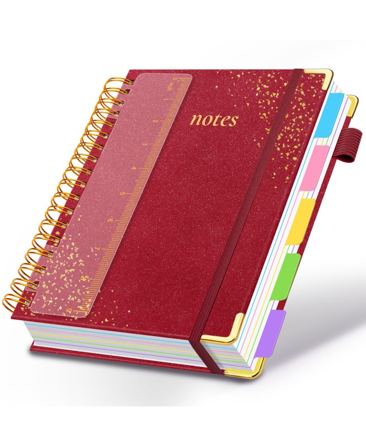 Danrong Hardcover Spiral Notebook 5 Subject Dividers Tabs College Ruled Journal With Pen Holder - Wine red
