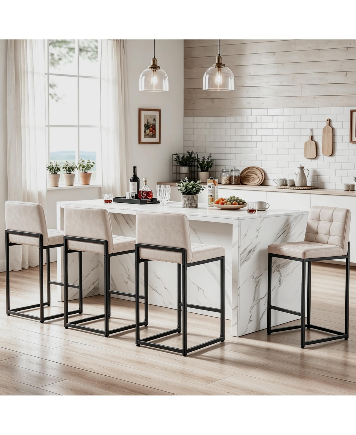 gaomon Bar Stools Set of 4 Modern Faux Leather Counter Height Barstools, Thick Upholstered Armless Chair with Back and Footrest