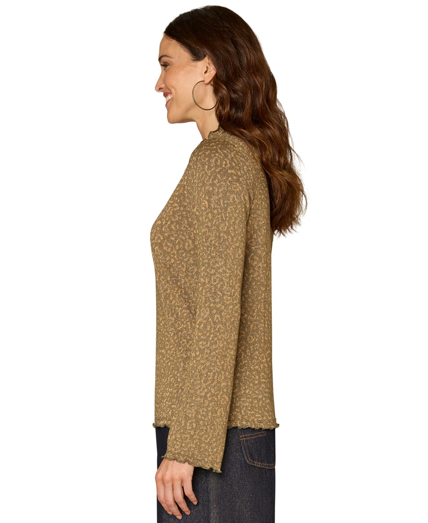 Женская блузка Democracy Mock Neck Long Bell Sleeve Animal Print, цвет: Оливковый — фото 2