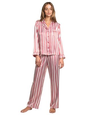 Women's Satin Long-Sleeve Stripe Top and Pants, 2-Piece Set