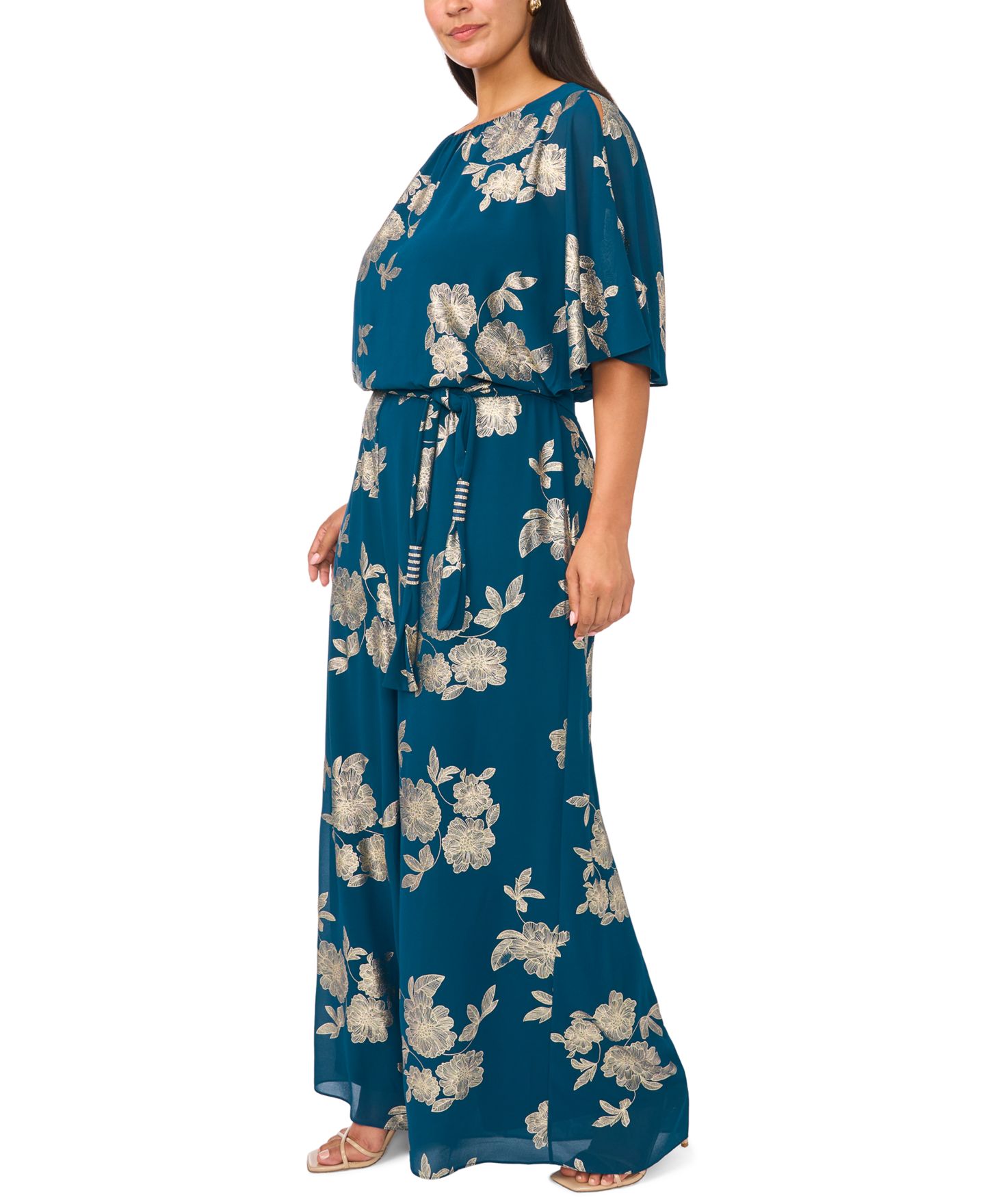 Женский комбинезон MSK Plus Size Floral-Print Wide-Leg Blouson Jumpsuit with Belt, цвет: Зелёный — фото 2