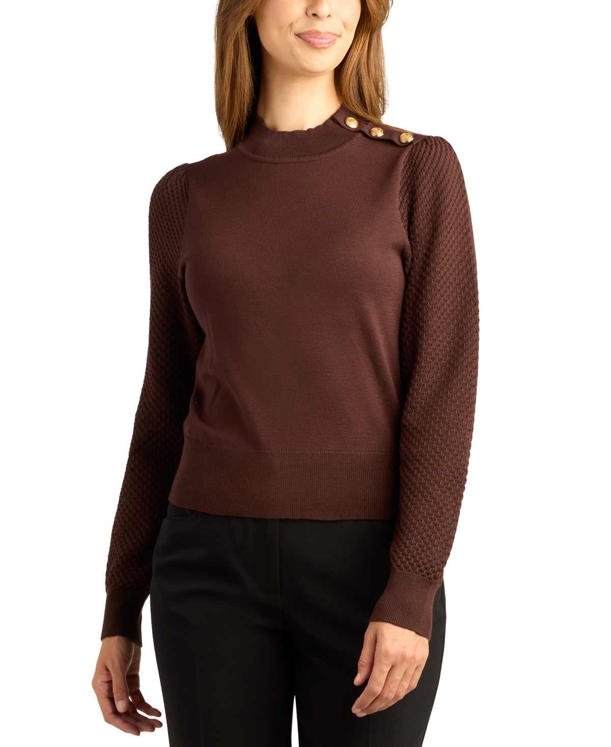 Bcx Juniors' Mock Neck Long-sleeve Fitted Pullover In Chocolate
