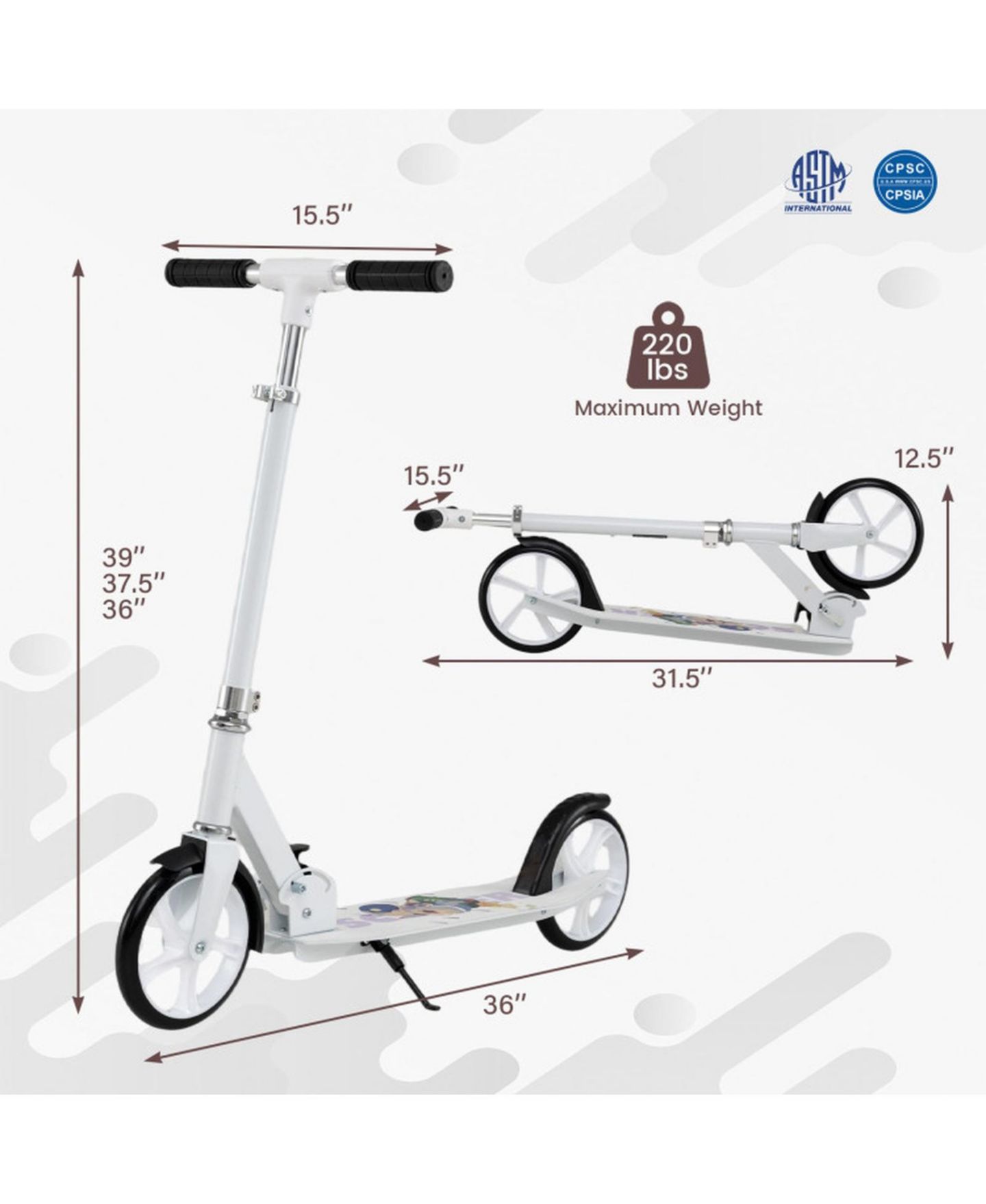 Детская игрушка SUGIFT Folding Aluminum Kick Scooter with Adjustable Height, 220 lb Capacity, Ages 8+, цвет: Белый — фото 3
