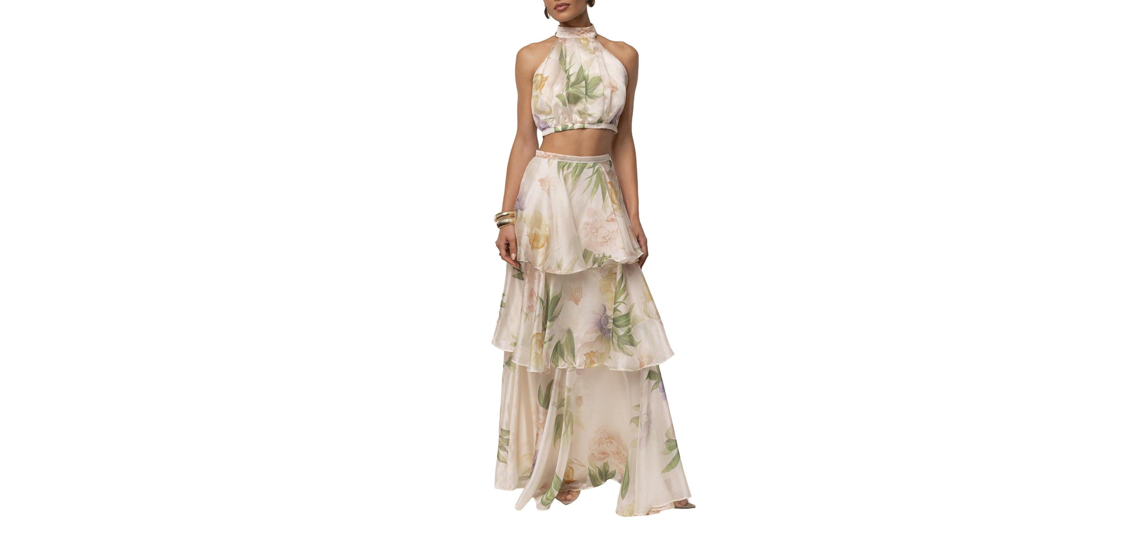 Jluxlabel Women's Botanical Dreams Floral-Print Halter Cropped Top and Tiered Maxi Skirt, 2-Piece Set