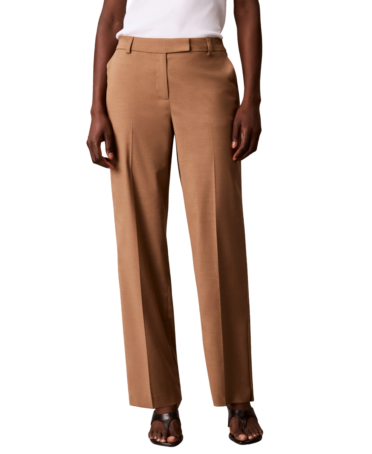 Calvin Klein Women's Tropical Bi-Stretch Wide Leg High Rise Trousers - Dark Palomino Heather