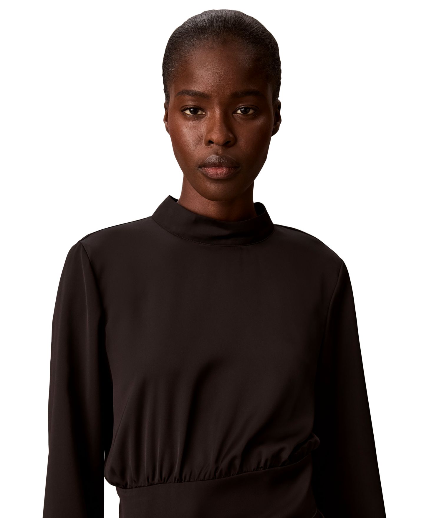 Женская блузка Calvin Klein Smocked Waist Satin Mock Neck Long-Sleeve, цвет: Чёрный — фото 6