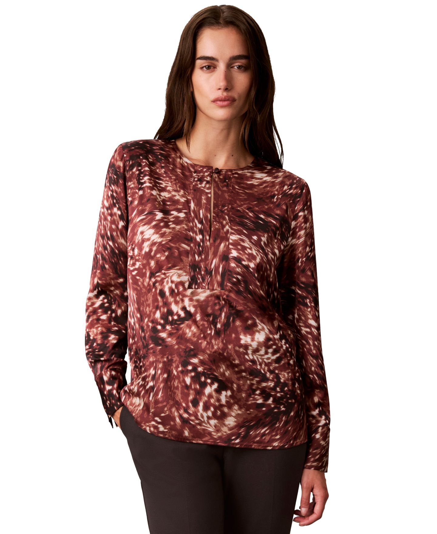 Женская блузка Calvin Klein Long-Sleeve Printed Satin, цвет: Красное дерево красный — фото 1