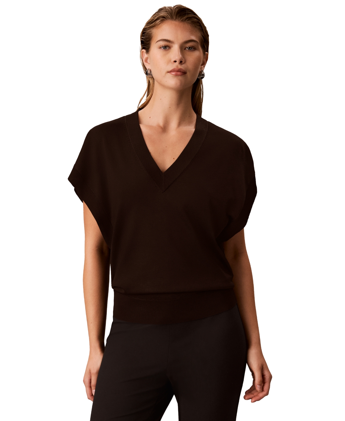 Calvin Klein Women's Extended Shoulder V-Neck Sleeveless Fine Gauge Sweater Vest