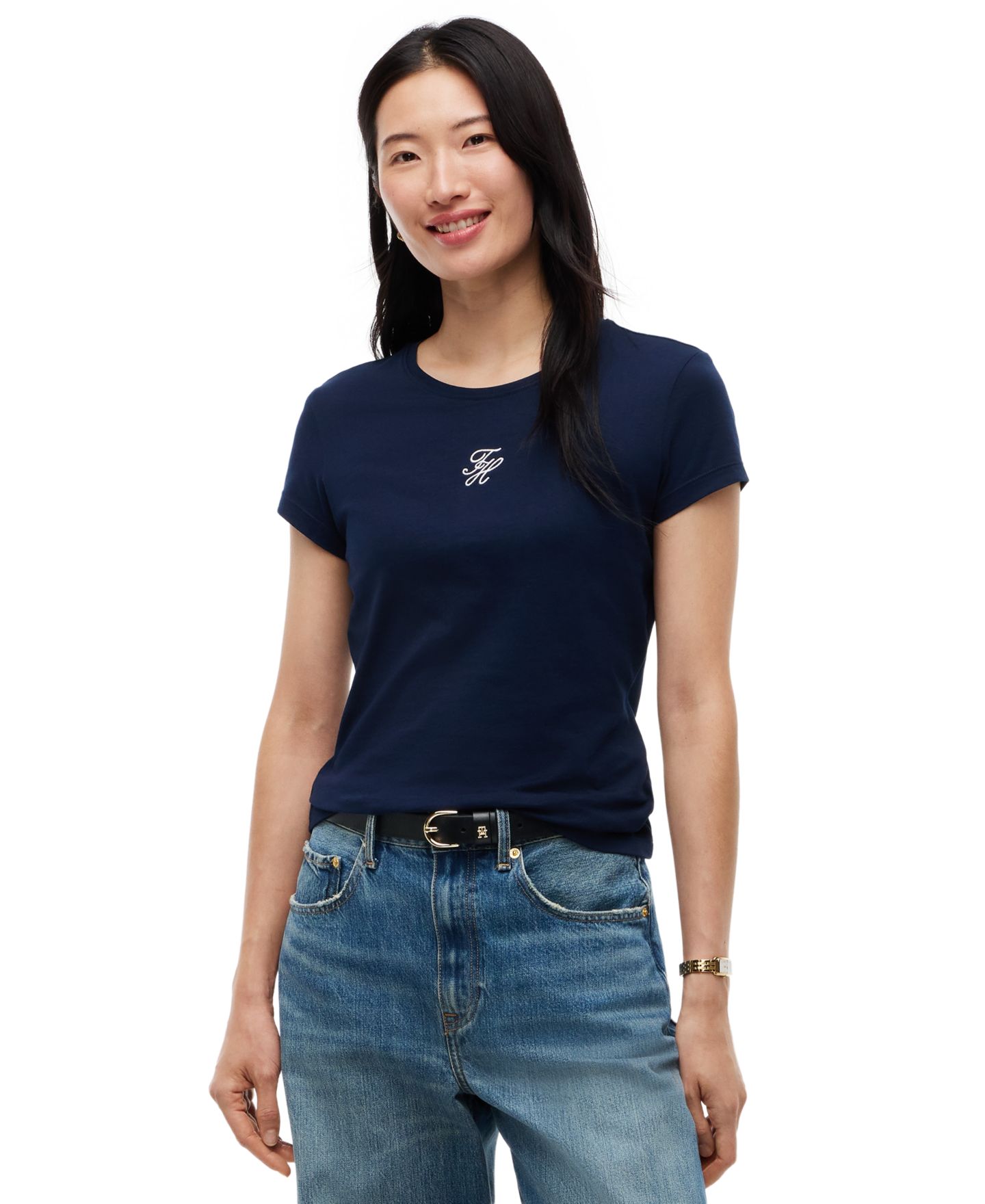 Женская футболка Tommy Hilfiger Script Logo Crewneck Short-Sleeve T-Shirt, цвет: Тёмный синий — фото 1