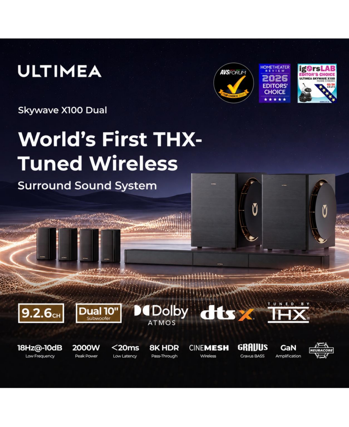 Ultimea Skywave X series 9.2.6 Thx-Tuned Wireless Surround Sound System w/Dolby Atmos and Dts:X,Dual 10"Subwoofers,2000W Peak Power,8K Pass-Through