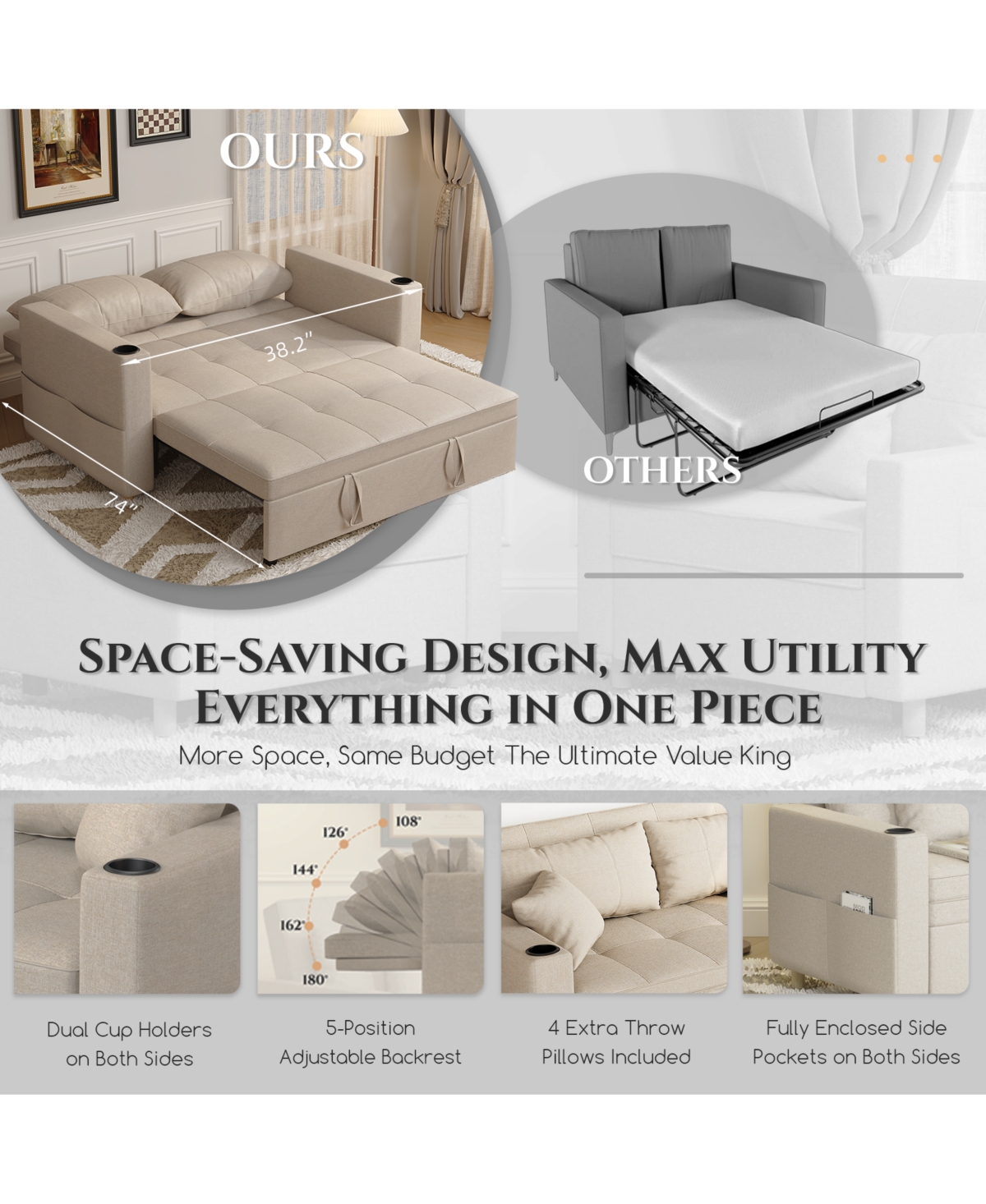 Aecojoy 31.5" Sleeper Chair, Convertible Chair Bed for Adults, 3-in-1 Pull Out Sofa