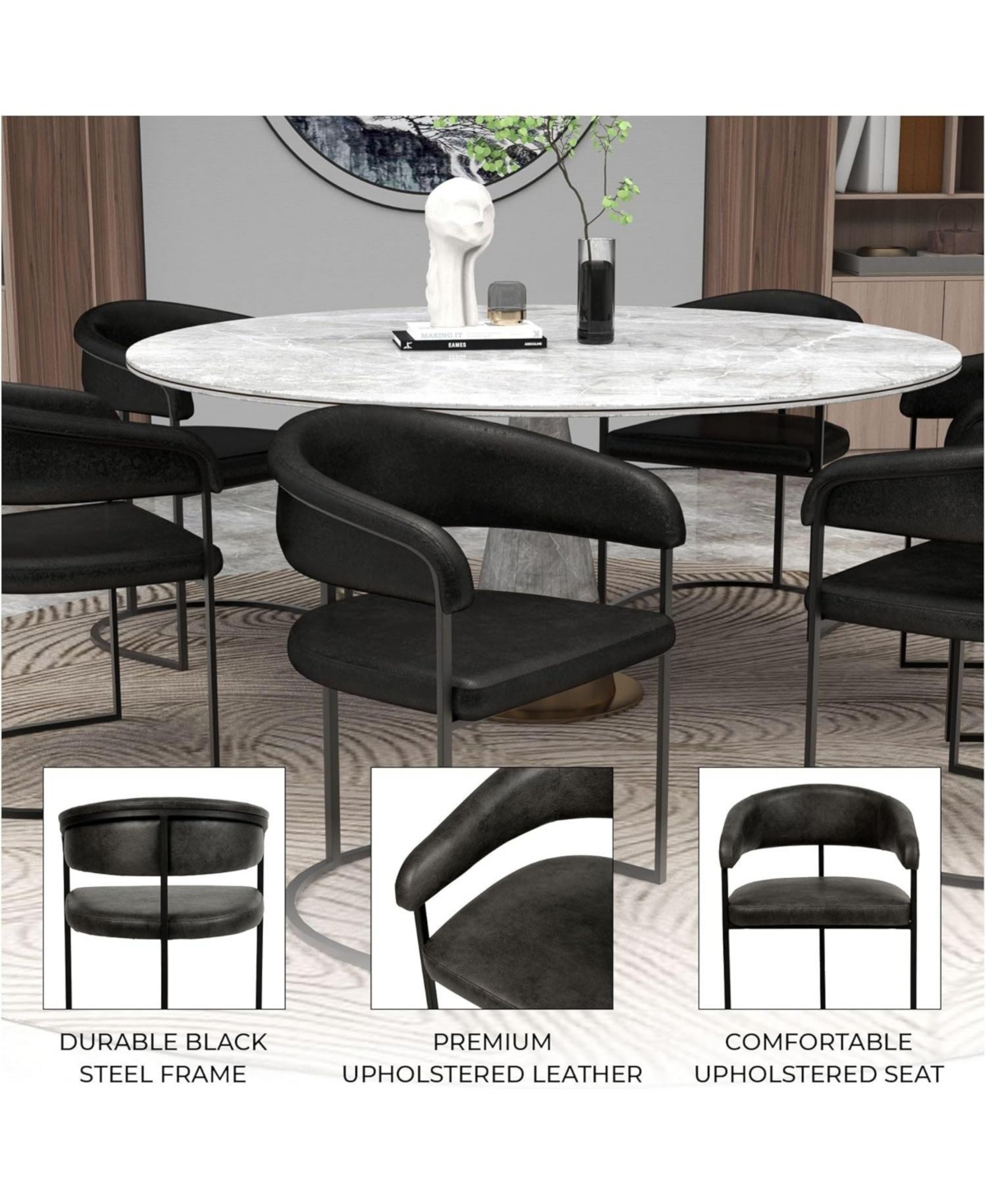 LeisureMod Leather Dining Chair Set of - Upholstered Kitchen Accent with Curved Open-Back Design, Padded Seat