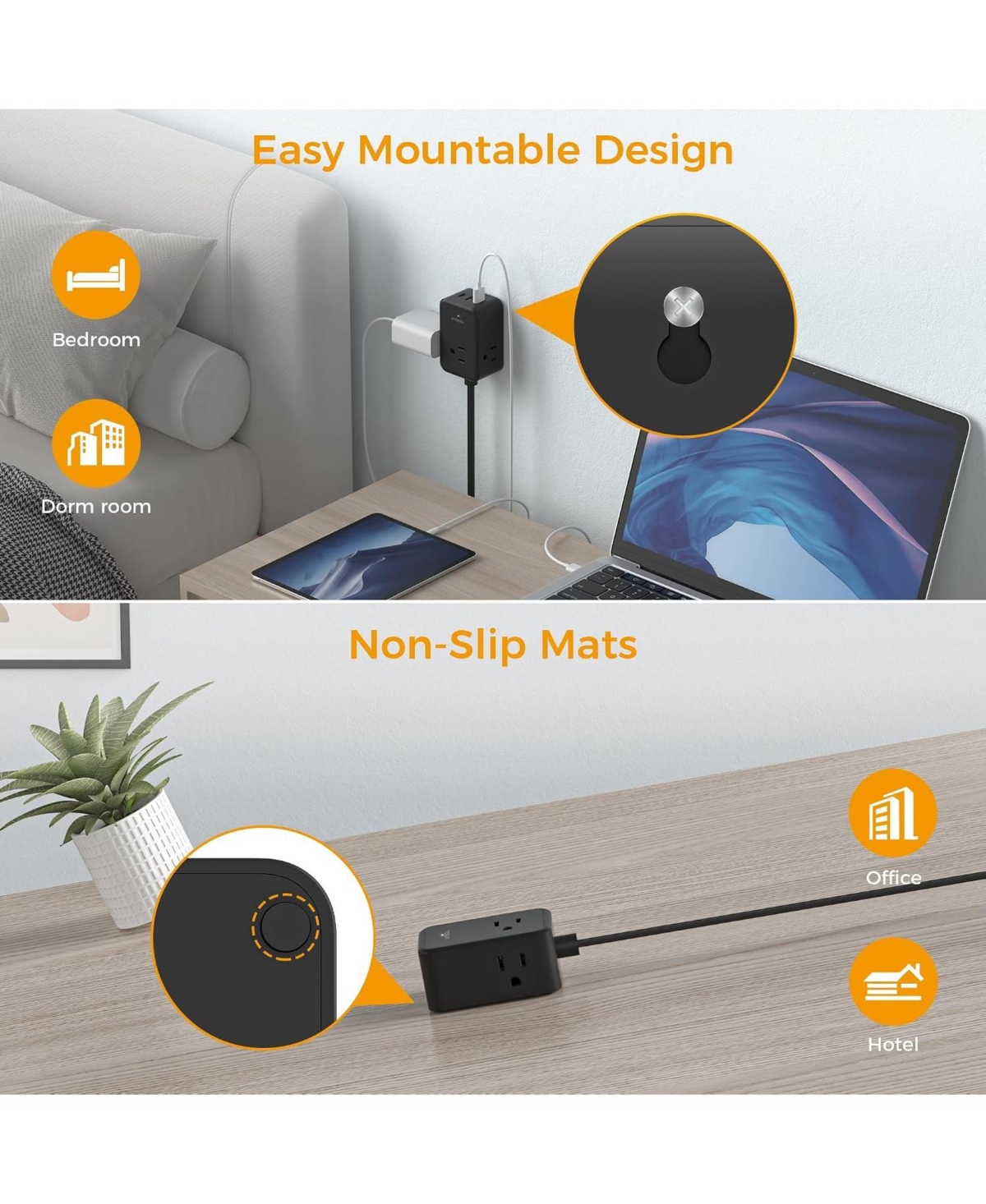 Tessan 5-Foot Flat-Plug Travel Power Strip with 3 Ac Outlets and 3 Usb Ports, Compatible with Most Usb Devices