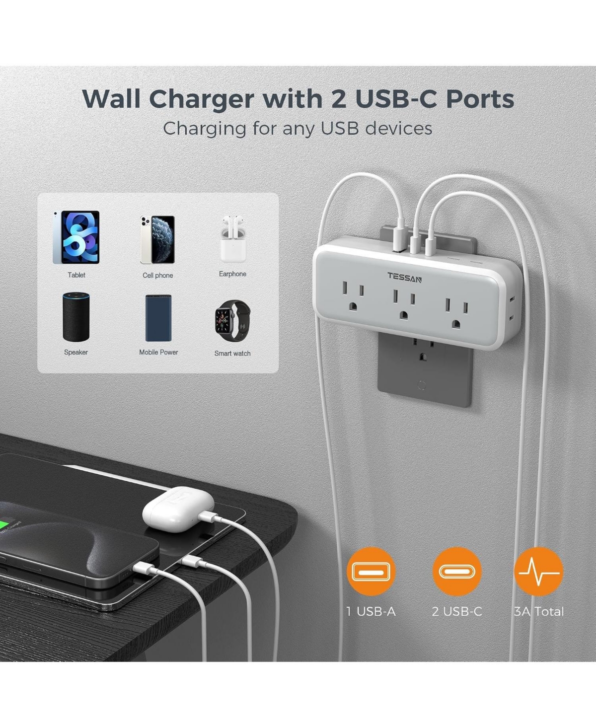 Tessan Wall Outlet Extender with 5 Ac Outlets and 3 Usb Ports