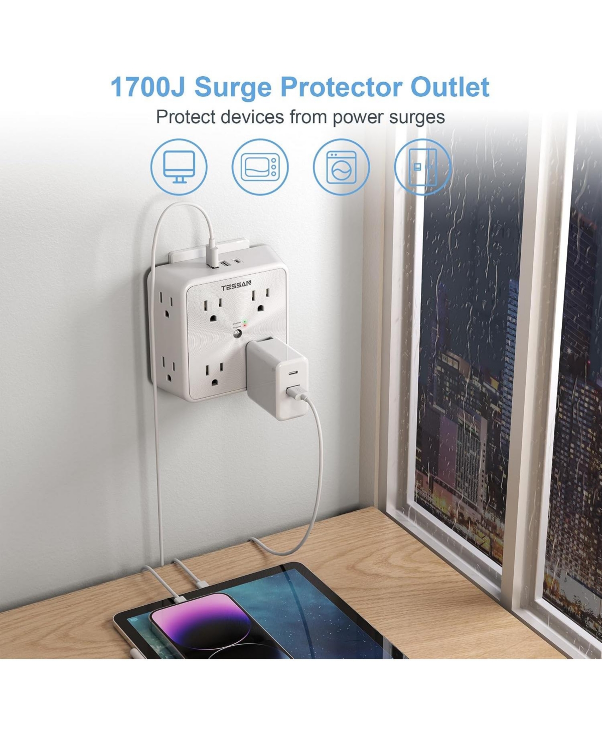 Tessan 8-Outlet 3-usb-Port (1 Usb-c) Wall Charger with 1700J Surge Protection for North American Plugs