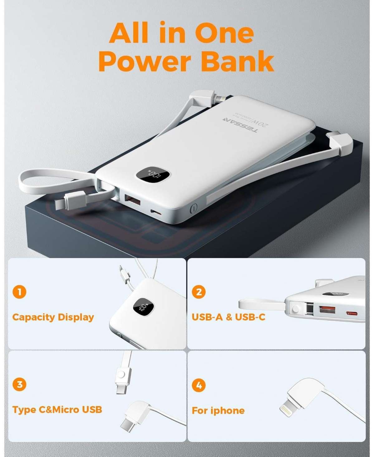 Tessan 10000mAh Portable Charger with Built-In Cables and 20W Pd for Compatible Devices