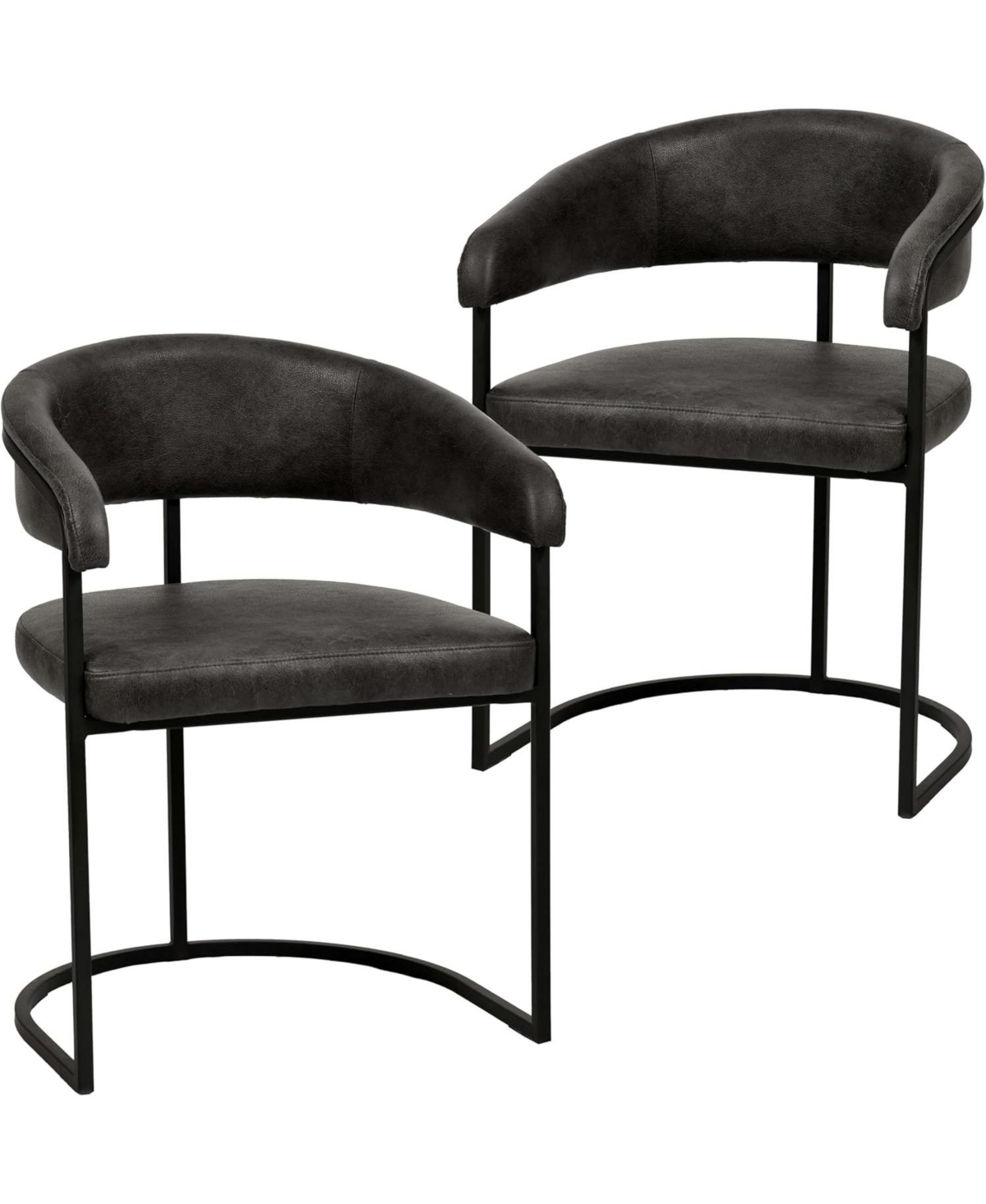 LeisureMod Leather Dining Chair Set of 2- Upholstered Kitchen Accent Chair with Curved Open-Back Design, Padded Seat, and Iron Frame - Charcoal