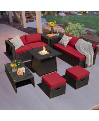 9Piece Patio Rattan Furniture Set Fire Pit Space saving