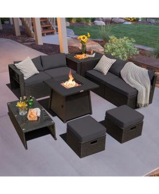 9Piece Patio Rattan Furniture Set Fire Pit Space saving