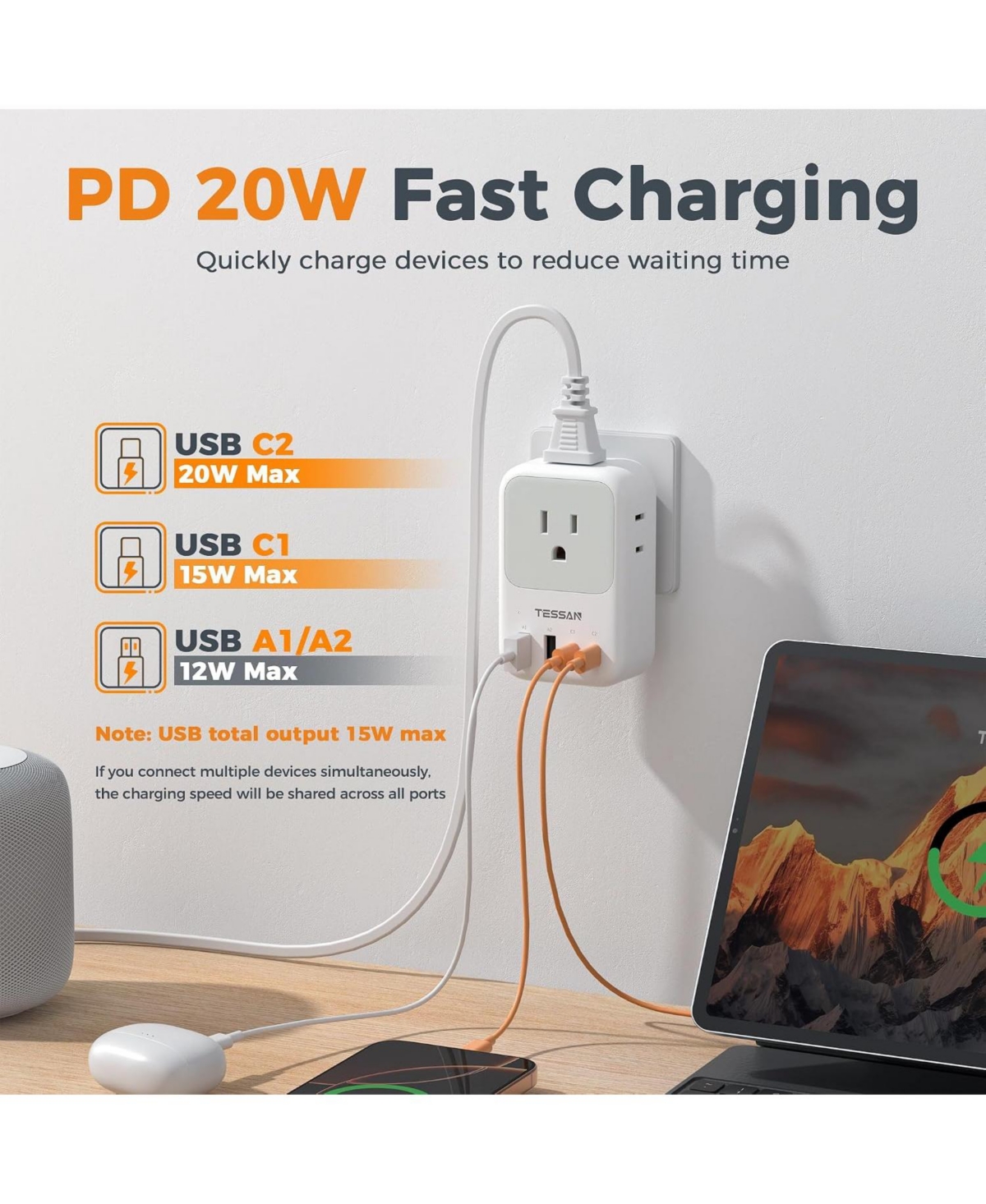 Tessan 20W Usb-c Foldable Wall Charger with Ac Outlets and Usb Ports for Compatible Devices