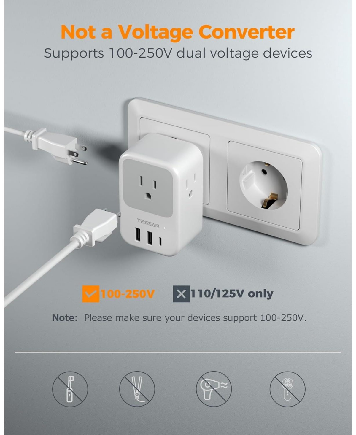 Tessan European Travel Plug Adapter with Retractable Usb-c Cable, 2-Piece Set