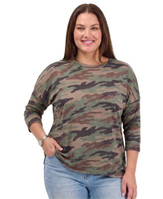 Women's Plus Size Camo Crew Neck 3/4-Sleeve T-Shirt