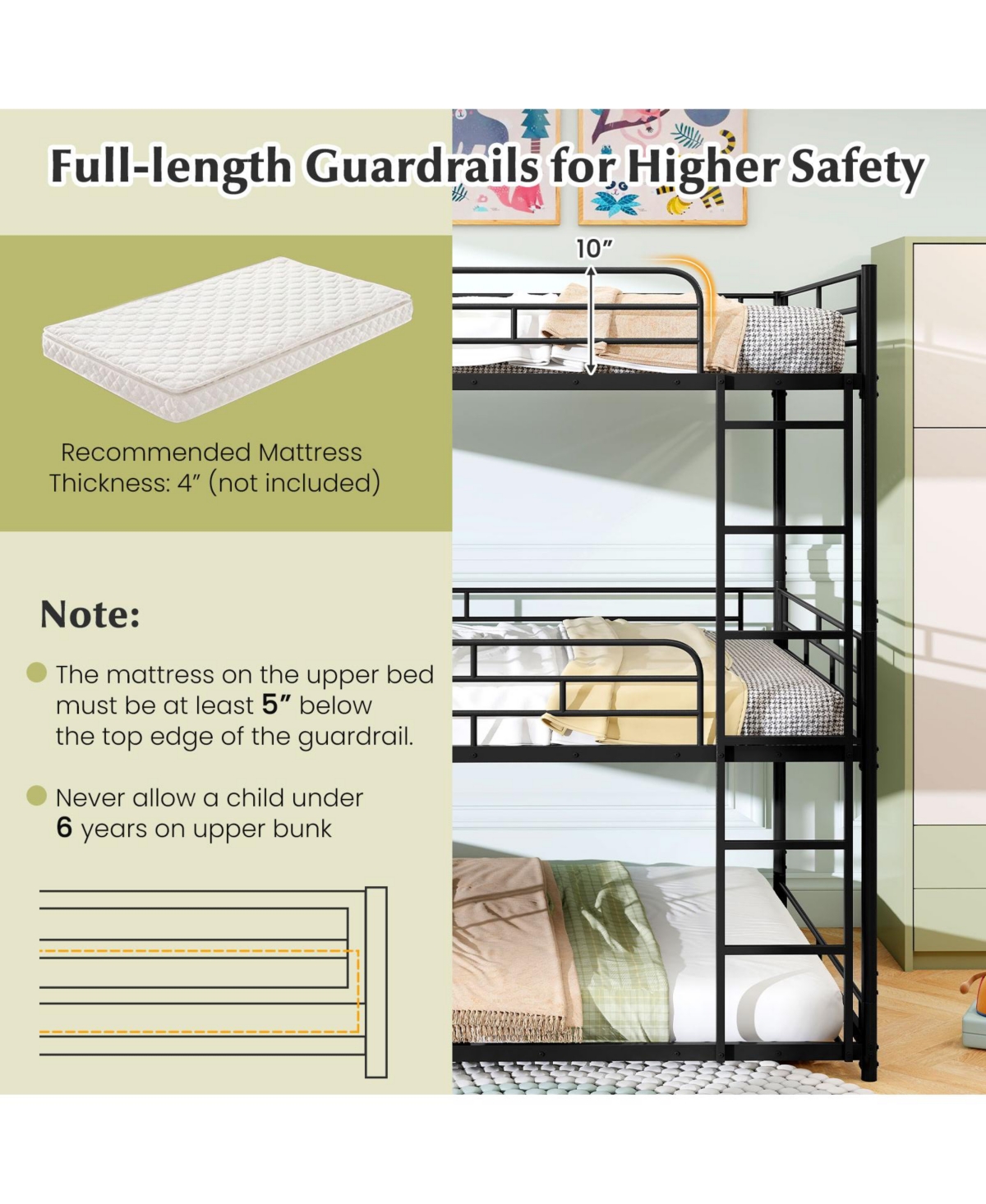 Sugift Metal Triple Bunk Bed with Safety Guardrails and 2 Ladders