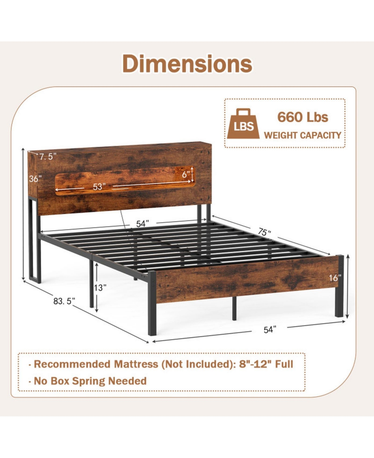 Sugift Full Size Slatted Bed Frame with Led Lights Storage Headboard and Charging Station