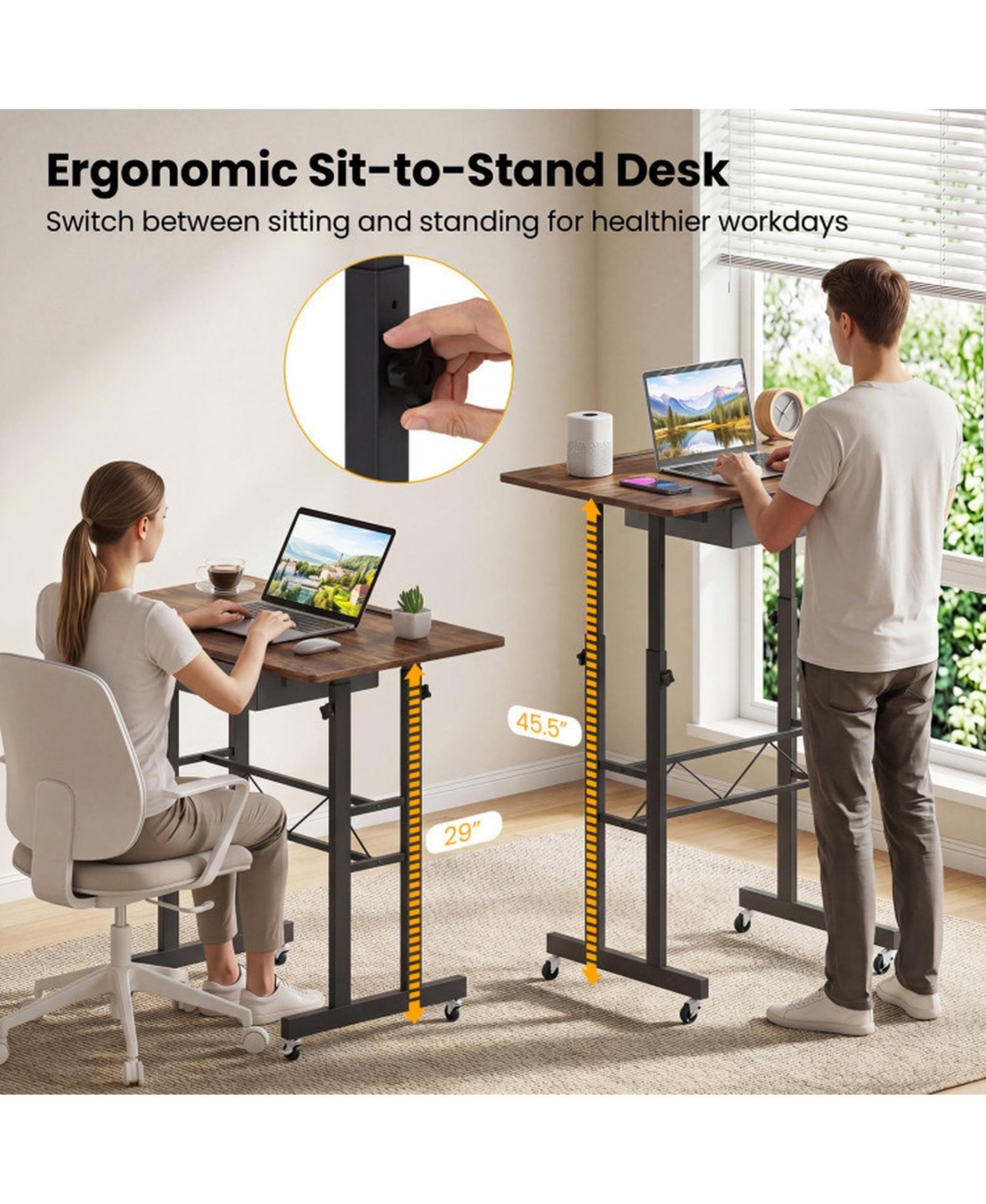 Sugift Height Adjustable Laptop Desk with Fabric Drawer Tablet Holder and Lockable Wheels