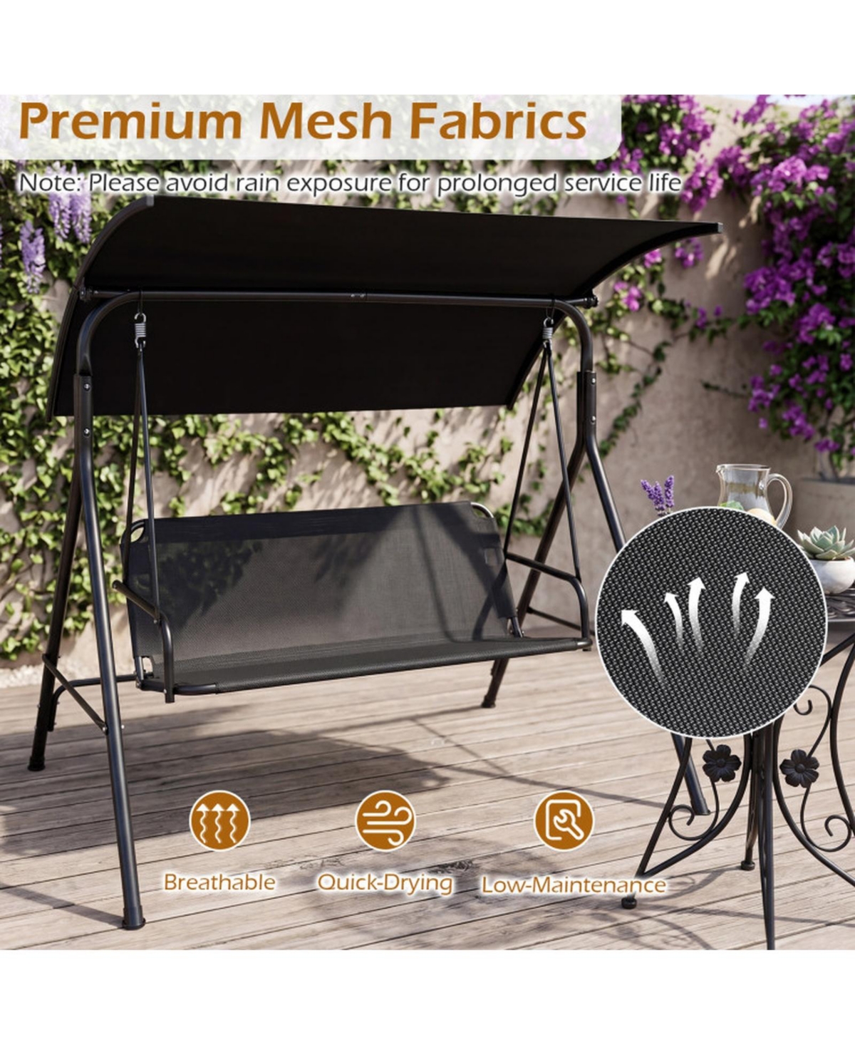 Sugift 3-Seat Outdoor Patio Swing Chair with Breathable Mesh Fabric