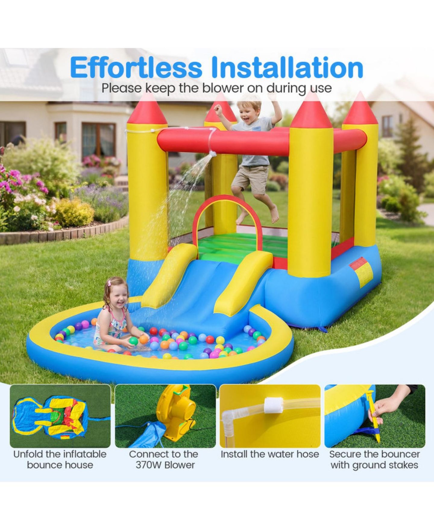 Детская игрушка SUGIFT Inflatable Bounce House With Water Slide Splash Pool, 142.5" x 77" x 76", With 370W Blower, Ages 3-10, цвет: Open Miscellaneous — фото 6