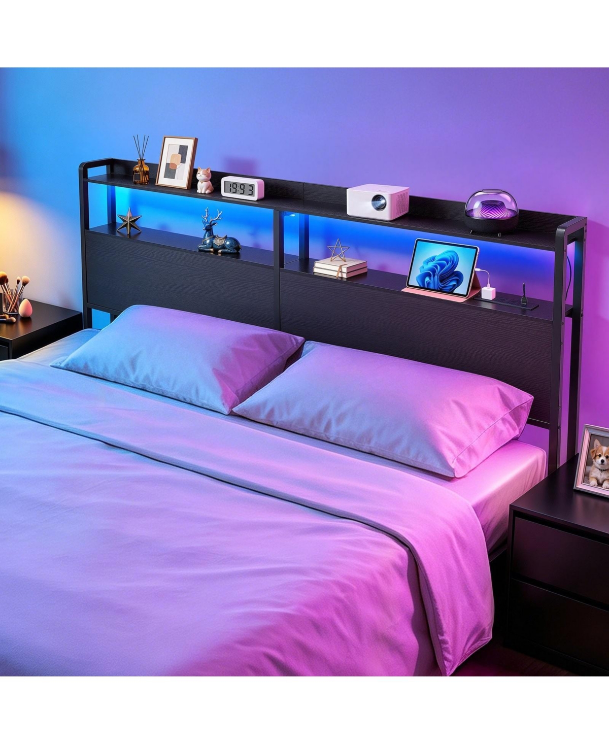 Sugift King Size Headboard with 2 Storage Shelves Led Light 3 Outlets 3 Usb Ports Adjustable Height