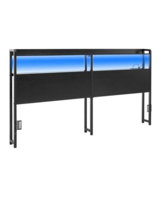 King Size Headboard with 2 Storage Shelves LED Light 3 Outlets 3 USB Ports Adjustable Height