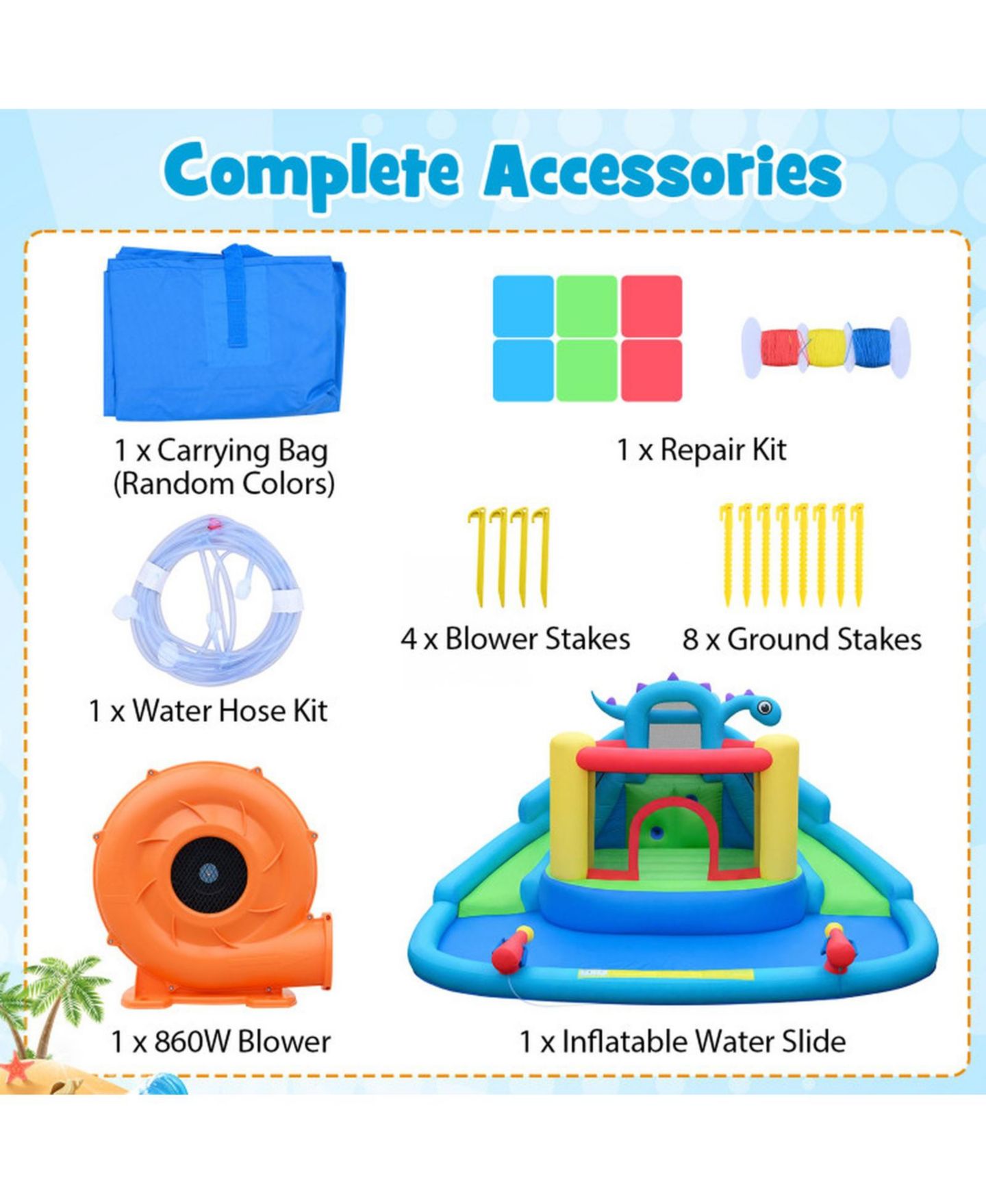 Детская игрушка HONGGE Dinosaur-Themed Double-Slide Inflatable Bounce House with Splash Pool, 158" x 136" x 82.5", For 3 Players, Ages 3-10, цвет: Синий разноцветный — фото 6