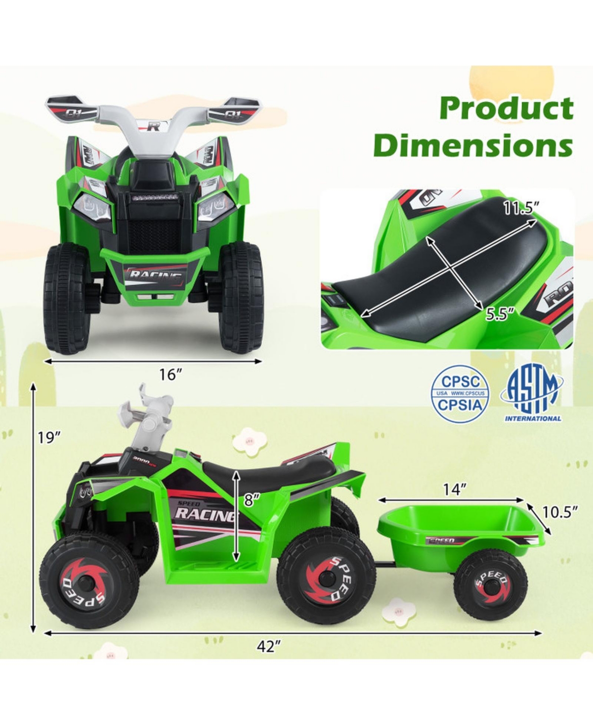 Hongge 6V Kids Electric Atv Quad with Detachable Cargo Trailer, 2-Piece Set, Ages 3+