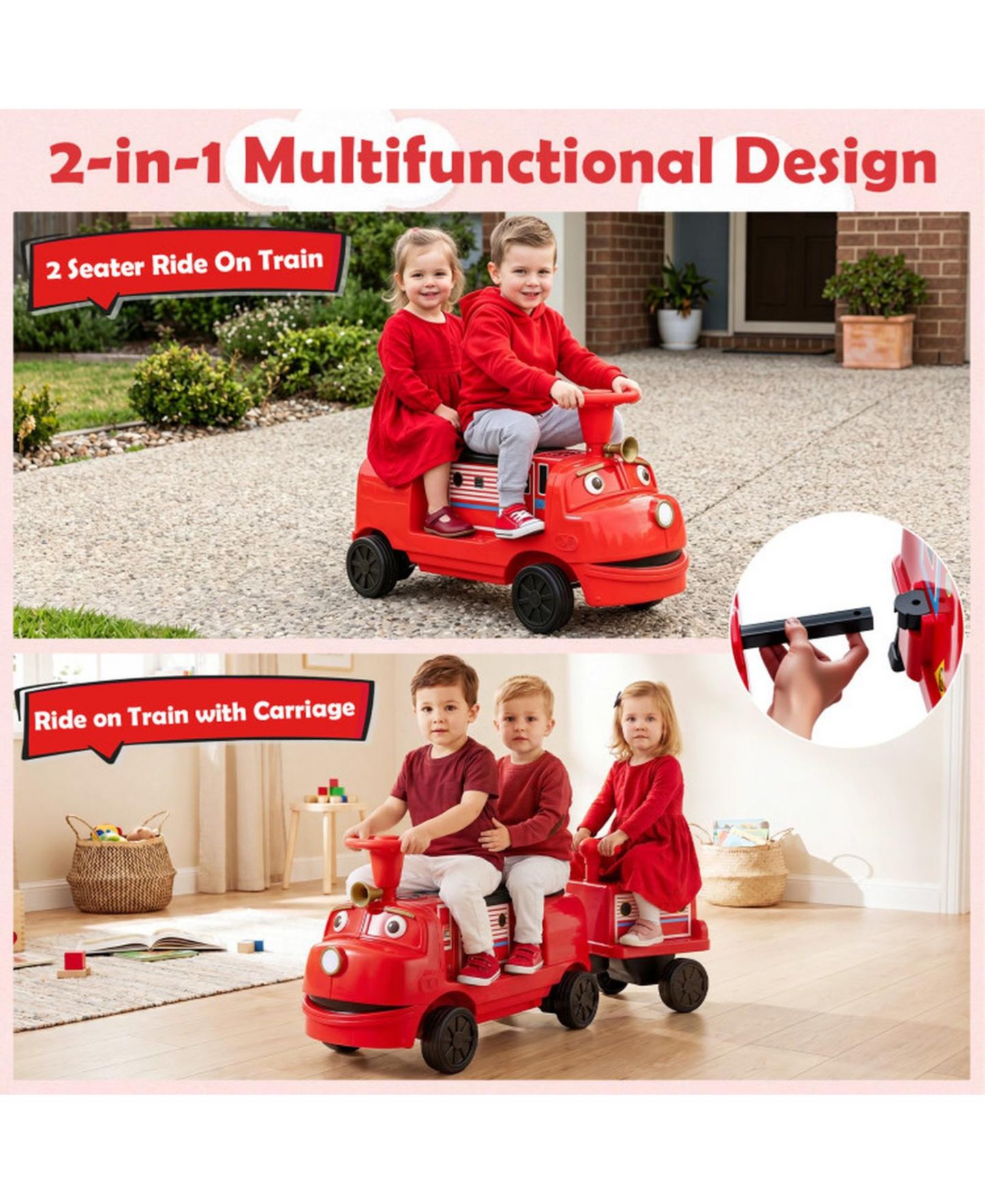 Детская игрушка HONGGE 12V Ride on Train 3-Seater with Detachable Carriage, Seats 3, Ages 3+, цвет: Красный / Чёрный — фото 8