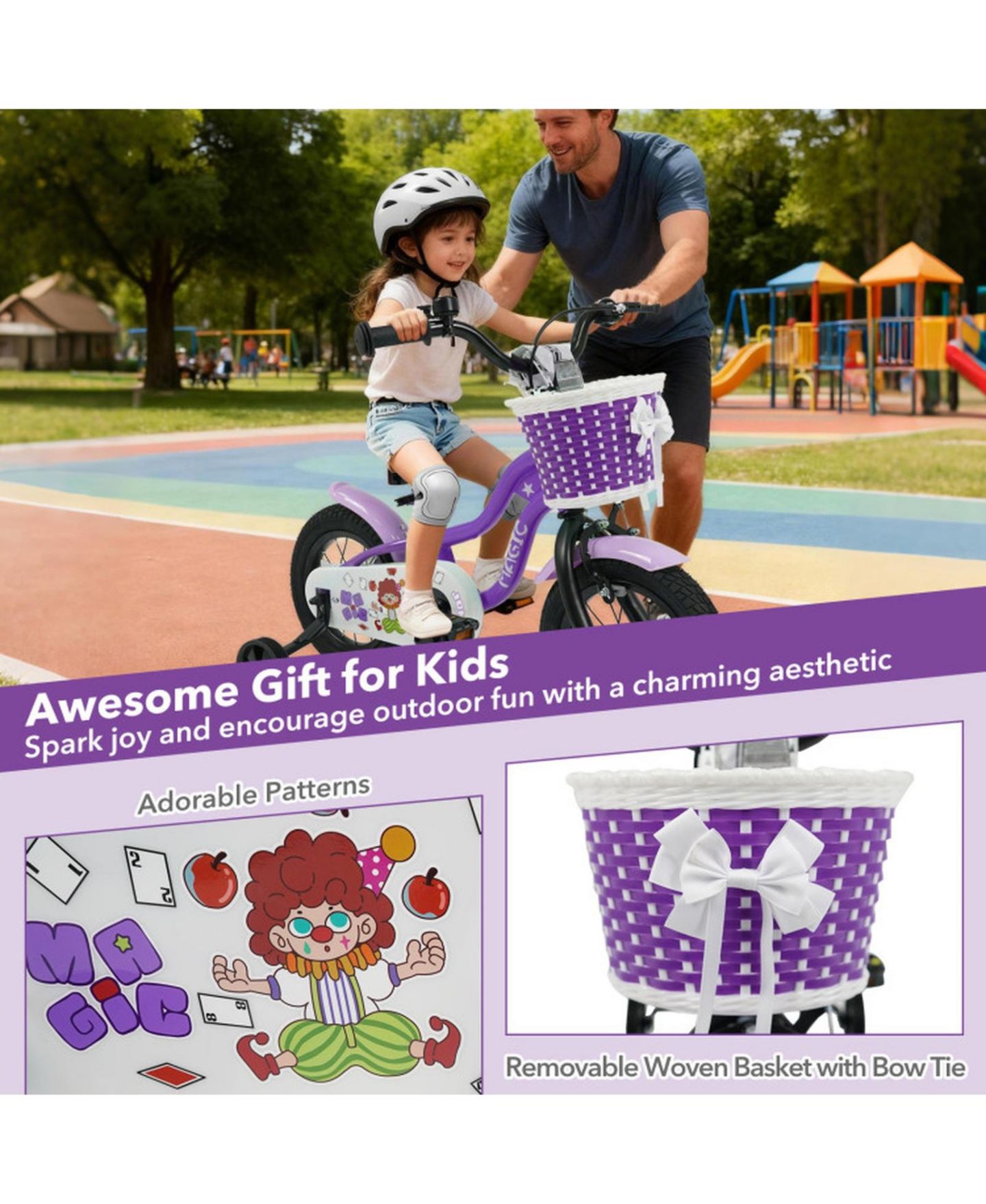 Детская игрушка HONGGE 12-Inch Kids' Bike with Detachable Training Wheels and Adjustable Seat, 110 lbs Capacity, Ages 3–8, цвет: Фиолетовый — фото 6