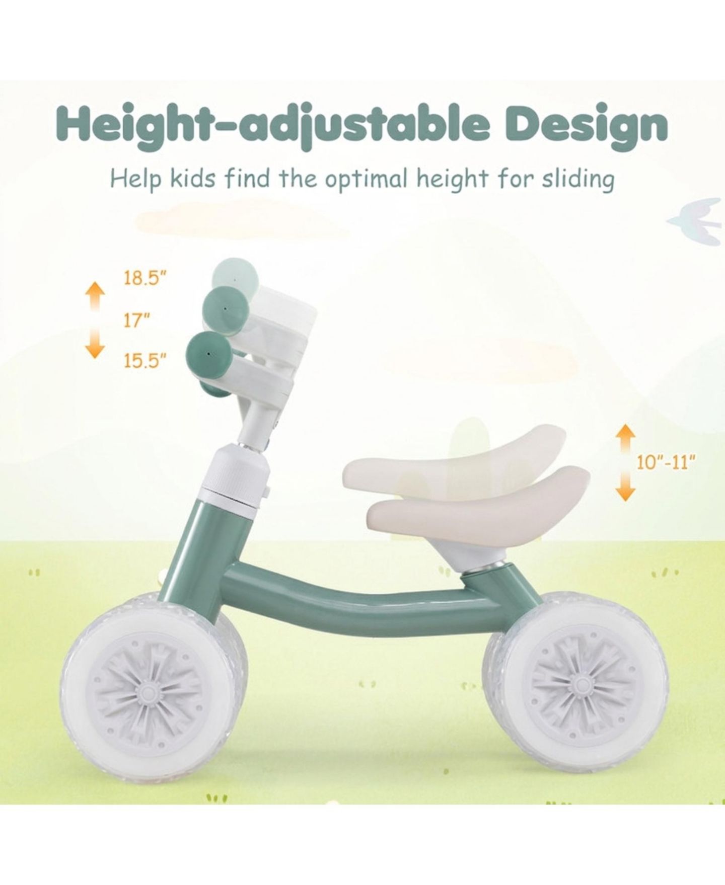 Детская игрушка HONGGE Baby Balance Bike with Light-Up Wheels and Adjustable Seat and Handlebar, 55 lb. Capacity, Ages 1-3, цвет: Зелёный — фото 6