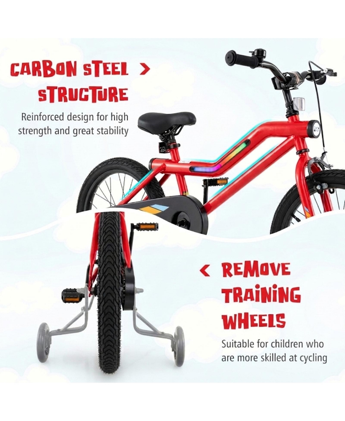 Hongge 18-Inch 7-Color Led Frame Kids' Bike with Training Wheels and Dual Brakes, 145 Lbs. Capacity, Ages 4-8