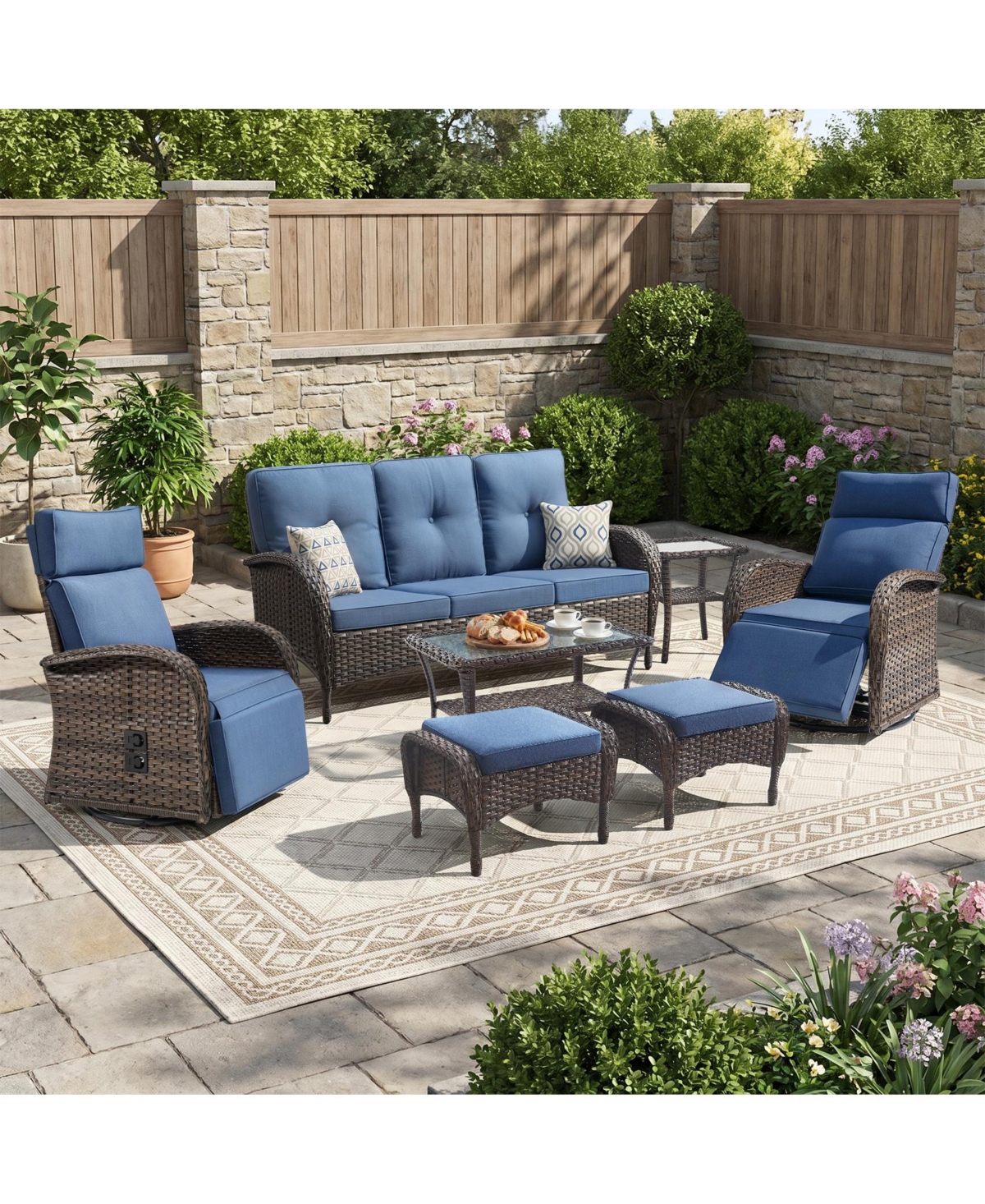Pocassy All-Weather Wicker 7 - Person Patio Conversation Set with Patio Recliner Swivel Chairs - Blue cushion