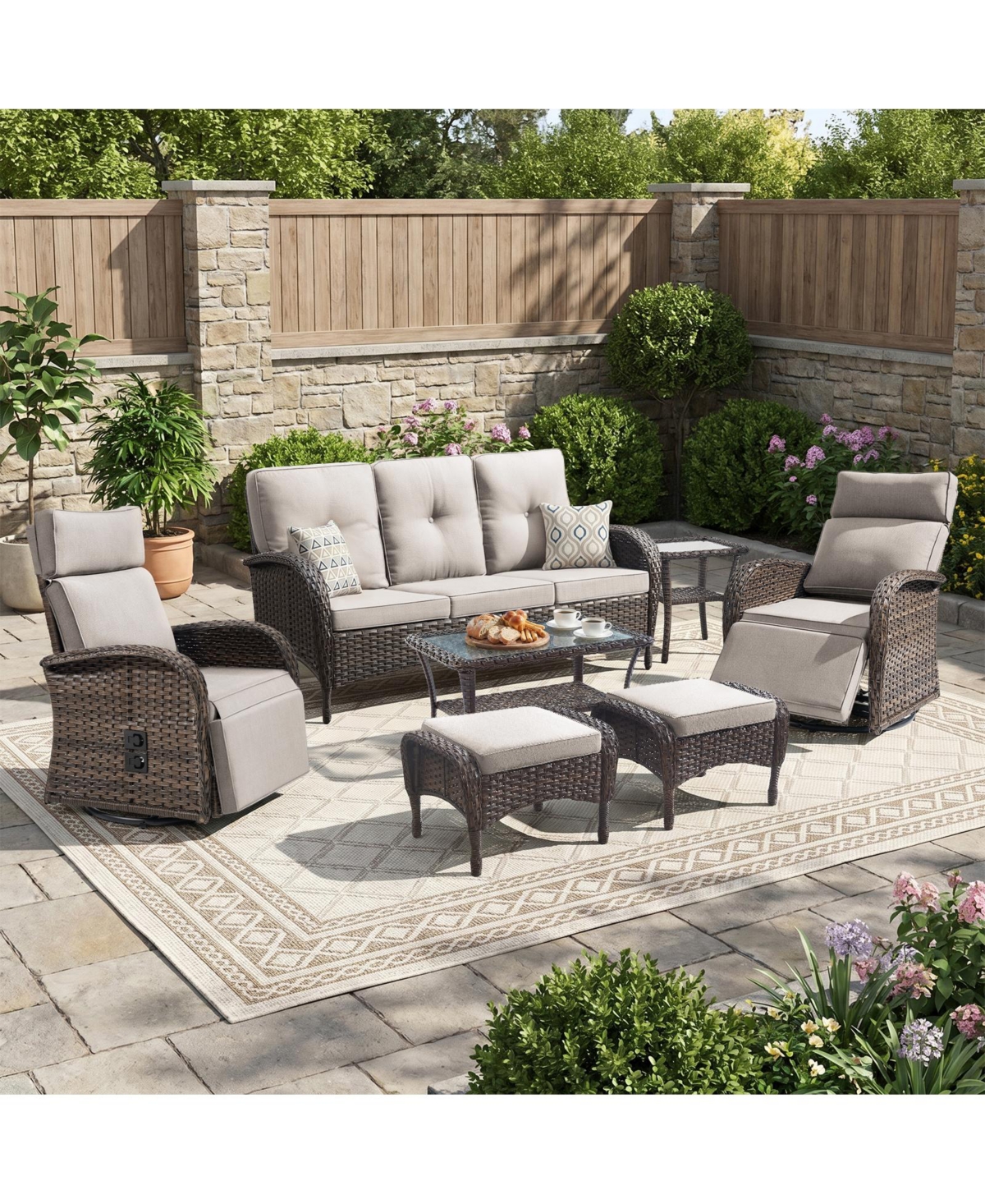 Pocassy All-Weather Wicker 7 - Person Patio Conversation Set with Recliner Swivel Chairs