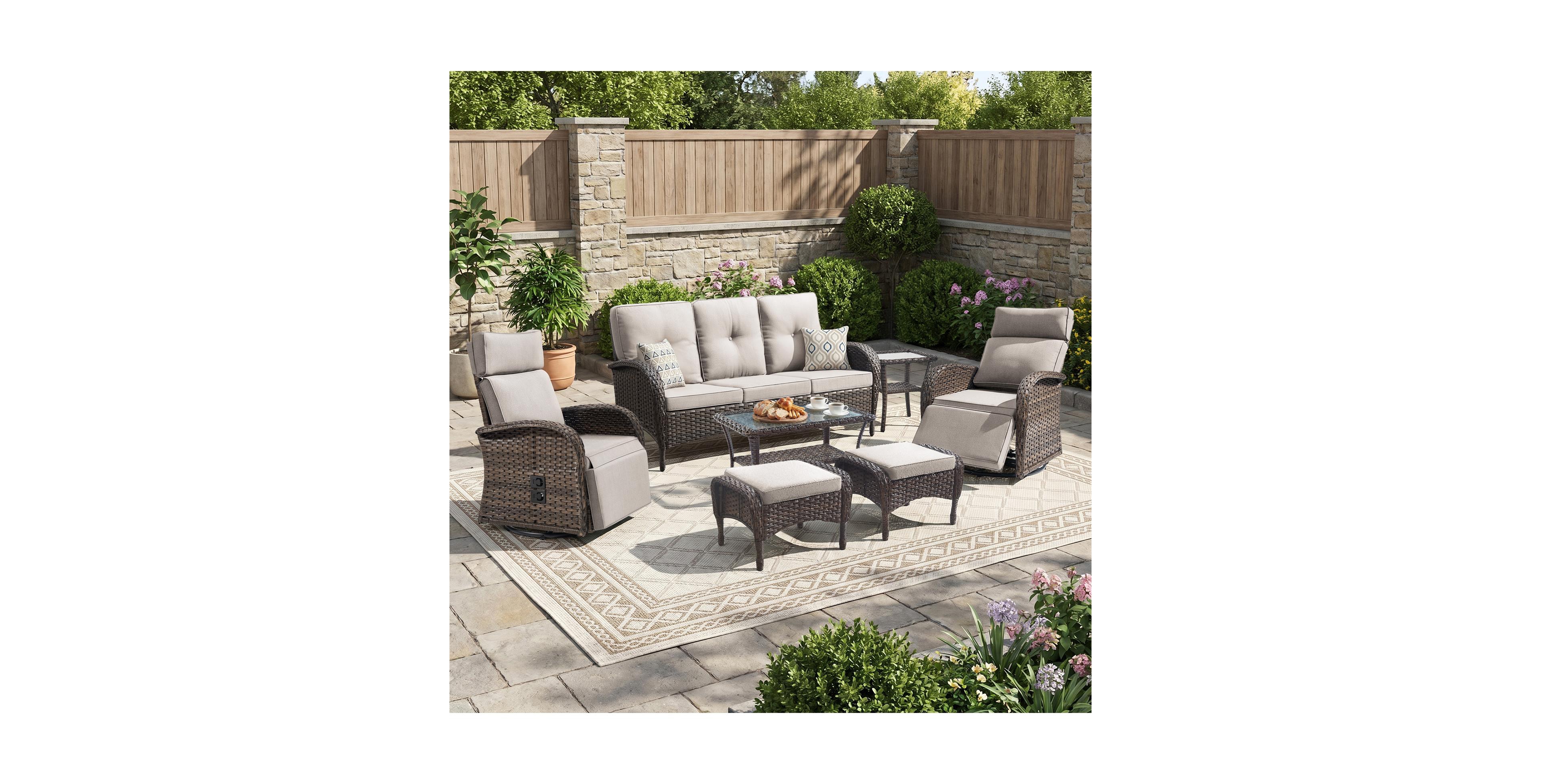 Pocassy All-Weather Wicker 7 - Person Patio Conversation Set with Recliner Swivel Chairs