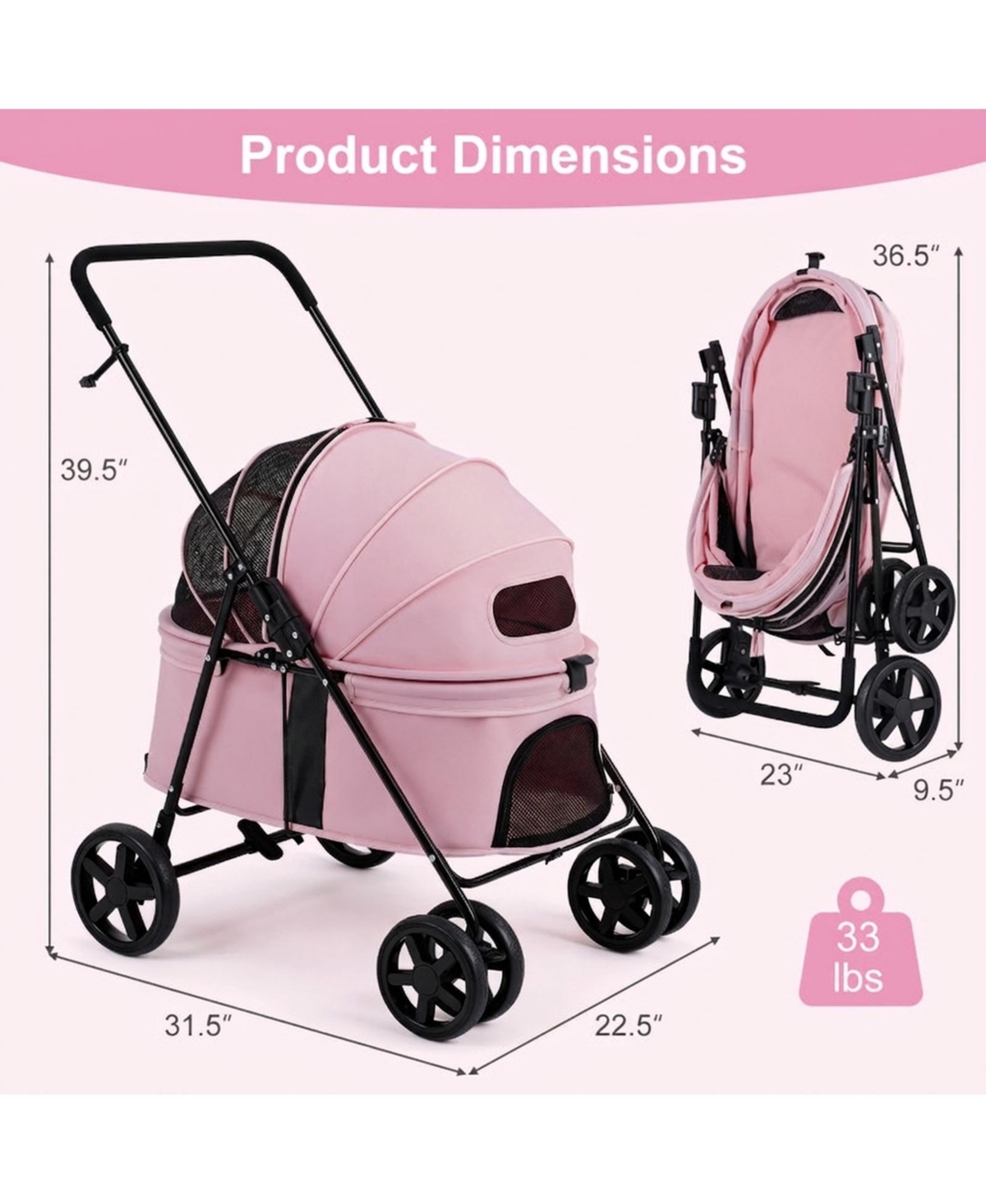 Sugift Pet Stroller for Small Medium Dogs Foldable with One-Step Rear Brake and Canopy