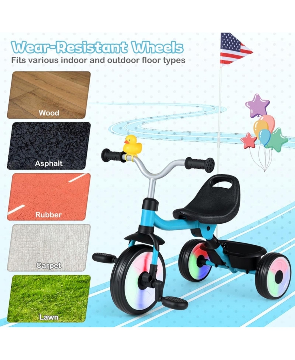 Hongge Folding Toddler Tricycle with Light-Up Wheels and Adjustable Seat, 45 lbs Capacity, Ages 1-3