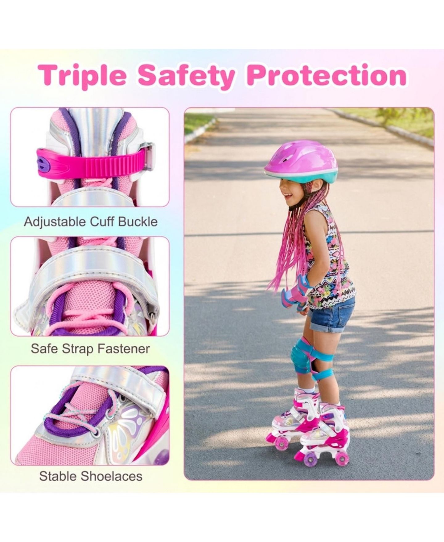Детские игрушки HONGGE 4-Size Adjustable Kids Quad Roller Skates with Light-Up Wheels, Ages 5-8, цвет: Розовый красный — фото 7